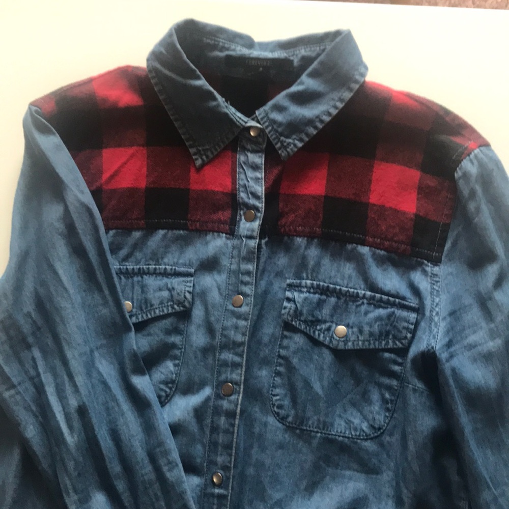 Denim and flannel long sleeve shirt
